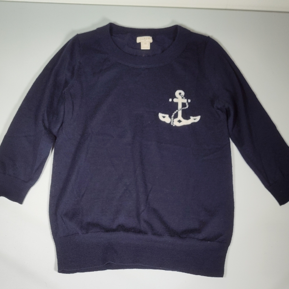 J. Crew merino wool navy blue knit lightweight sweater with‎ nautical anchor XS